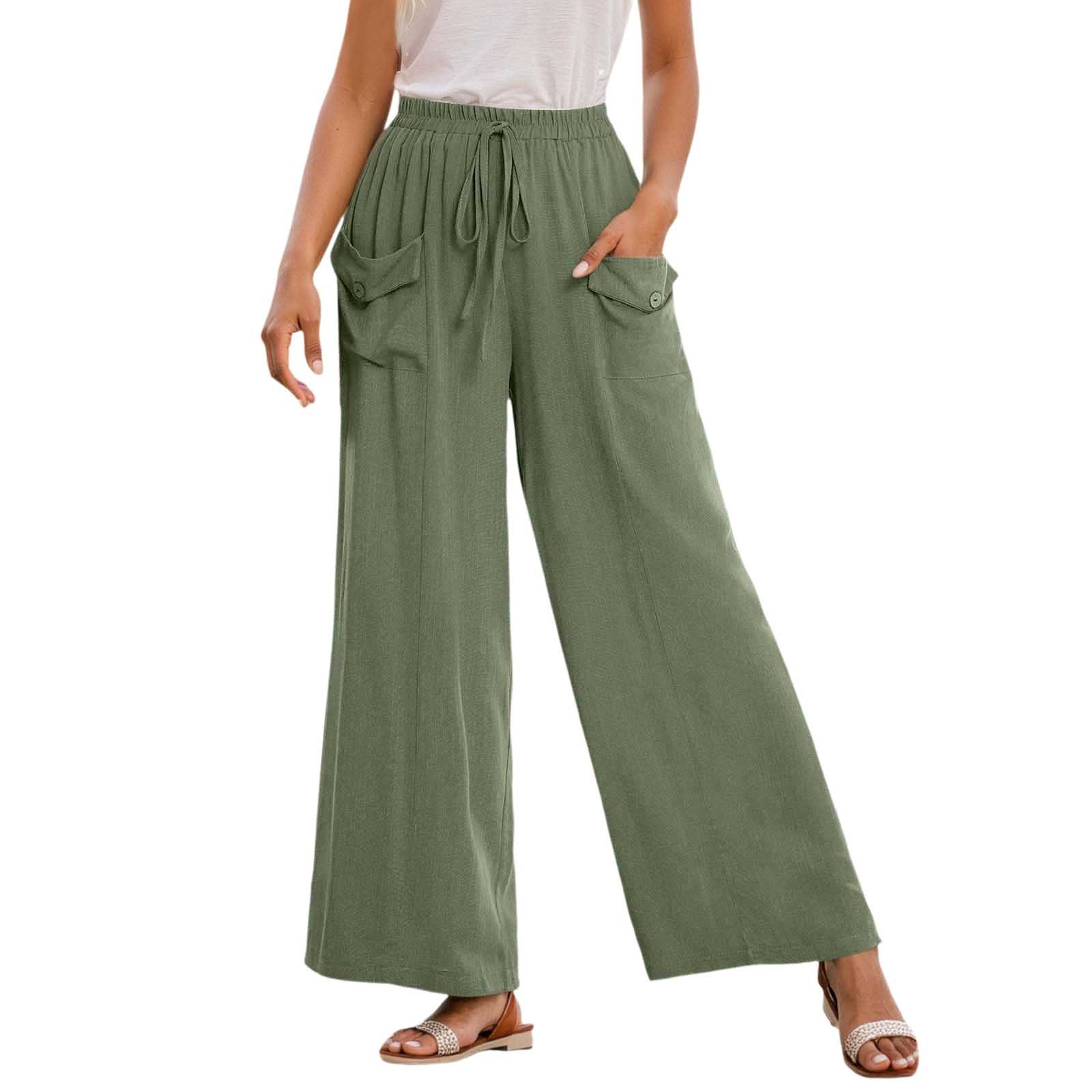 thumbnail image 1 of Pantalones casuales de pierna recta para mujer: bolsillos laterales, mezcla de lino, para todas las estaciones, vacaciones/uso diario, cintura elástica, fácil cuidado., 1 of 6